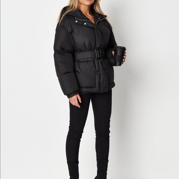 Black Puffer Coat with Belt and Front Pockets - Picture 3 of 5